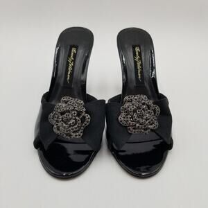 Beverly Feldman Heels 6 Vintage Rhinestone Embellished Bow Black Patent Leather